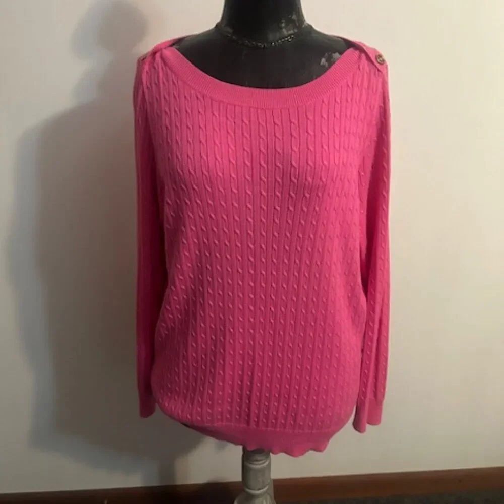 Lauren Ralph Lauren Pink rib knit buttons on shoulder sweater, size 1X